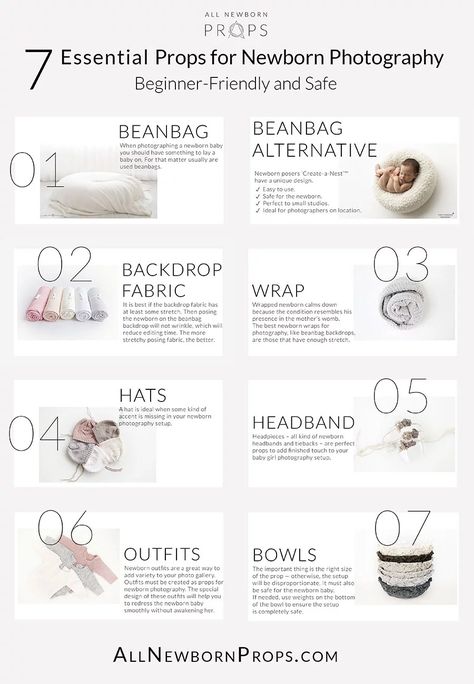 Newborn Baby Photography Dyi, Newborn Photo Shoot Props, Newborn Photography Posing Guide, Infant Photoshoot Ideas, Props For Photoshoot, Newborn Photography Setup, Diy Newborn Photography Props, List Infographic, Props For Newborn Photography