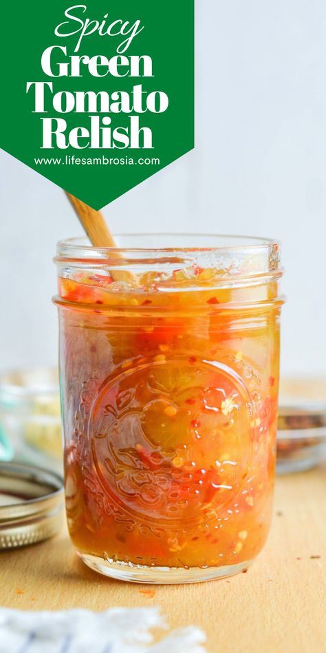 Spicy Green Tomato Relish Sweet Green Tomato Relish Recipe, Sweet Hot Mustard Recipe, Green Zebra Tomato, Hot Pepper Relish, Green Tomato Relish, Ambrosia Recipe, Green Tomato Recipes, Canning Food Preservation, Tomato Relish