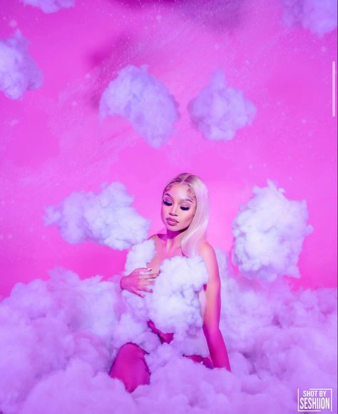 Pink Girly Photoshoot, Pink And Purple Photoshoot, Pink Theme Photoshoot, Candy Land Photo Shoot, Pink Photoshoot Ideas Black Women, Pink Candy Photoshoot, Candyland Photoshoot, Cloud Photoshoot, Pink Photo Shoot