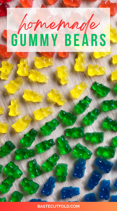 An easy recipe for homemade rainbow gummy bears, made with Jello. Diy Gummies, Making Gummy Bears, Homemade Gummy Bears, Gummies Recipe, Bear Recipes, Unflavored Gelatin, Jello Recipes, Super Easy Recipes, Gummy Bears