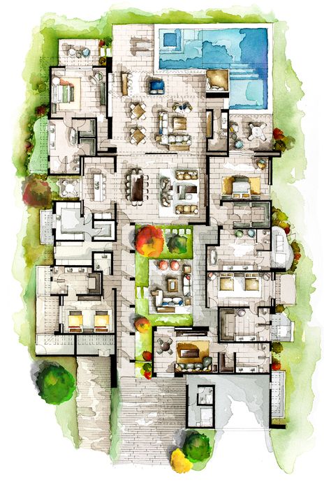 Real Estate Watercolor 2D Floor Plans Part 5 on Behance Site Plan Rendering, Exhibition Plan, Rendered Floor Plan, A House Plan, Architecture Drawing Plan, Interior Design Renderings, Interior Architecture Drawing, Interior Design Drawings, Watercolor Architecture