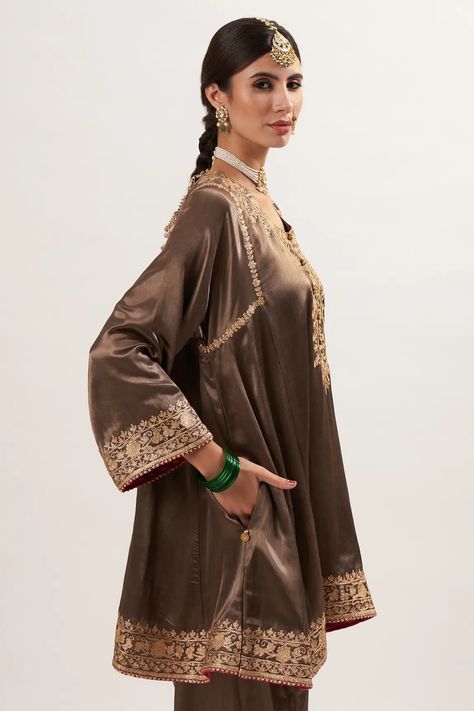 Buy Heena Kochhar Brown Mashroo Embroidered Kurta Salwar Set Online | Aza Fashions Heena Kochhar Suits, Heena Kochhar, Simple Kurtis, New Embroidery Designs, A Line Kurta, Luxury Sale, Create Outfits, Designer Suits, Raw Silk