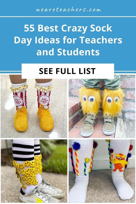 Get into the spirit with these hilarious and ingenious Crazy Sock Day ideas! See the best wacky socks you can buy, or try clever DIY ideas. Silly Sock Day Ideas Kids Dr. Seuss, Funny Feet Day At School Ideas, Crazy Hat And Sock Day At School, Crazy Sick Day Ideas, Crazy Sock Ideas For School, Funky Socks Day At School Diy, Toddler Crazy Sock Day, Wacky Clothes Day School Dr Seuss, Wacky Socks Diy