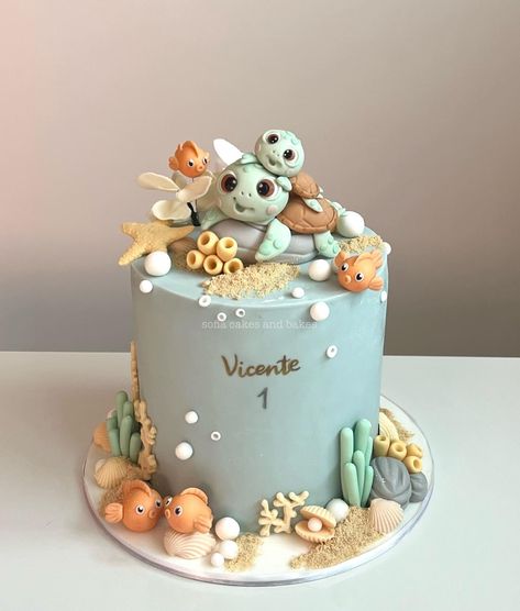 Ocean First Birthday Cake, Under The Sea Birthday Cake Boy, Ocean Cakes For Kids, Tropic Cake, Turtle Themed Birthday Party, Sea Animal Cake, Sea Animals Cake, Turtle Birthday Theme, Turtle Baby Shower Cake