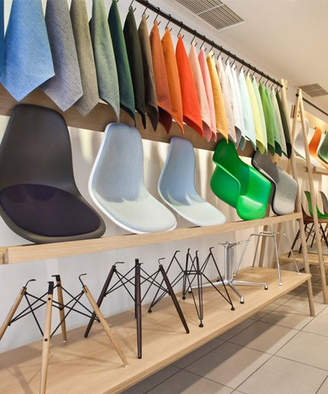 VITRA pop-up stores celebrate versatility of eames plastic chairs Bean Bag Chair Pattern, Chair Showroom, Chic Office Chair, Furniture Store Design, Dining Chairs Diy, Ikea High Chair, Painted Dining Chairs, Plastic Chairs, Hanging Chair Outdoor