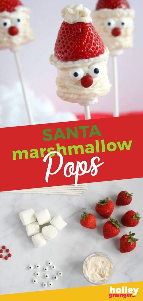 Kick off the season by making these adorable Santa Marshmallow Pops with your kiddos then share with friends and family to spread kindness and holidays cheer. | Holley Grainger | Holiday craft for kids | fun holiday food | Kids holiday party ideas | holiday treats | holiday gift ideas | marshmallow pops || #holidayrecipes #holidaykidsactivities Marshmellow Snowman, Marshmallow Christmas, Fun Holiday Food, Holiday Party Kids, Marshmallow Snowman, Easy Christmas Treats, Christmas Pops, Marshmallow Pops, Holiday Crafts For Kids