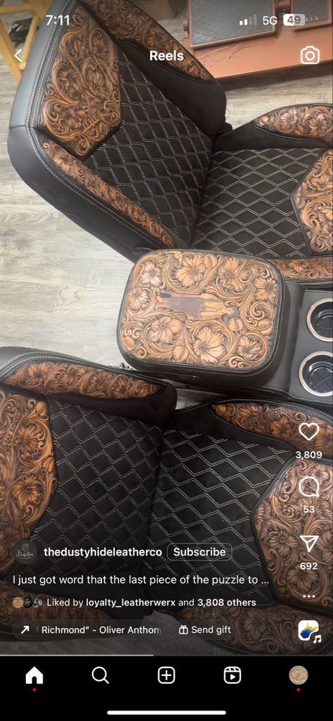 Tooled Leather Truck Interior, Western Truck Interior, Western Car Accessories, Chevy Silverado Accessories, Truck Interior Accessories, Pickup Accessories, Personalized Car Accessories, Cool Truck Accessories, Car Interior Diy