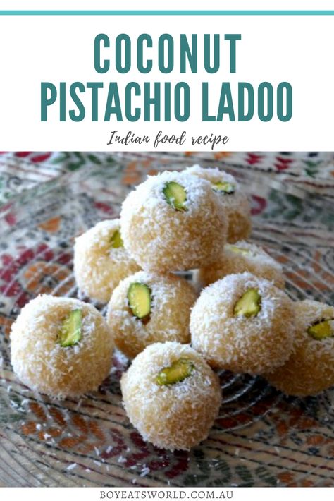 Discover an incredible Diwali recipe to try! This Coconut Pistachio Ladoo recipe will delight any taste buds. I recipe for Diwali I recipes with coconut I recipes with pistachio I Diwali recipes I Indian food I Indian recipes I recipes from India I food from India I international food I international recipes I recipes to try I #India #food #recipe Recipes With Coconut, Coconut Pistachio, Laddoo Recipe, Indulgent Recipes, Diwali Recipes, Nepali Food, Ladoo Recipe, Diwali Snacks, South American Recipes