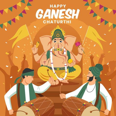 People Hitting Drum and Celebrating Ganesh Chaturthi Festival Traditional Digital Prints For Festivals And Puja, Poster For Ganesh Chaturthi, Memory Drawing Of Ganesh Festival, Ganesh Festival, Ganesh Charthuthi Poster, Ganpati Festival, Happy Ganesh Chaturthi, Travel Illustration, Festival Posters