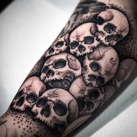 Eleven skulls. | By Arang Eleven | Done at Seoul Ink Tattoo Studio | Dec 18th 2019 | 1262690 Scary Filler Tattoo, Real Skull Tattoo, Pile Of Bones Tattoo, Negative Skull Tattoo, Skulls Stacked Tattoo, Skull Dotwork Tattoo, Bones Sleeve Tattoo, Skulls Tattoos For Men, Skull Pile Tattoo