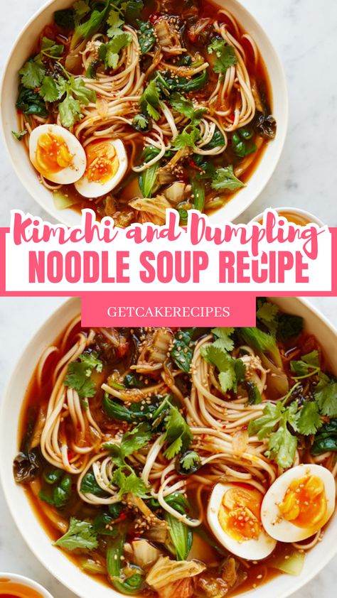 This may contain: two bowls of kimchi noodle soup with dumplings one cut egg in half and some coriander and sesame with chopsticks in them Pot Sticker Soup, Blasian Family, Dumpling Noodle Soup, Quick Potato Soup, Kimchi Soup, Kimchi Noodles, Foods Dinner, Kimchi Ramen, Easy Homemade Soups