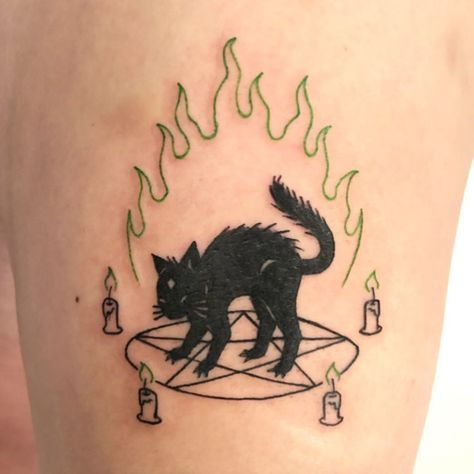 Lucifer Cat Tattoo, Simple Satanic Tattoos, Satanic Cat Tattoo, Cute Satanic Tattoo, Devil Cat Tattoo, Satanic Tattoo Design Ideas, Small Satanic Tattoos, Satanism Tattoo, Demon Cat Tattoo