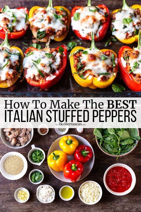 This Italian stuffed pepper recipe is loaded with sausage, spinach, tomatoes and bulgur. Stuffed peppers are a healthy and delicious weeknight dinner. Keto Italian Stuffed Peppers, Spicy Sausage Stuffed Peppers, Healthy Italian Stuffed Peppers, Italian Style Stuffed Peppers, Turkey Sausage Stuffed Peppers, Stuffed Peppers Recipe Turkey, Italian Stuffed Peppers Beef, Stuffed Peppers Recipe Sausage, Recipes For Stuffed Peppers