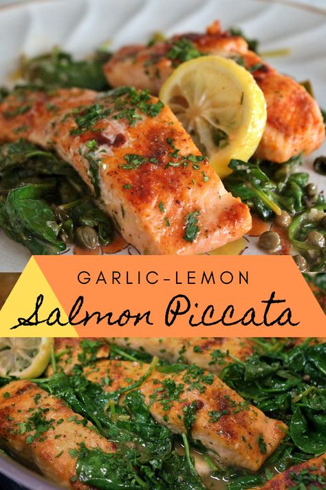 White Fish And Spinach Recipes, Salmon With Spinach Recipes, Salmon And Spinach Recipes Healthy, Fish And Spinach Recipes, Baked Salmon With Capers, Salmon And Spinach Recipes, Salmon Picatta, Fufilling Food, Garlic Lemon Salmon