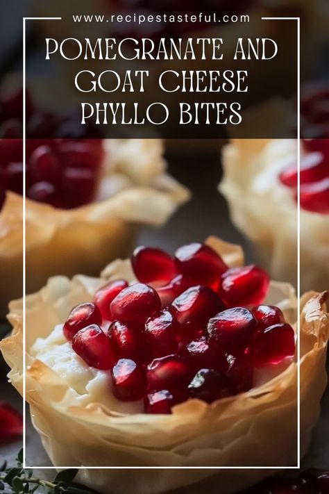 These Pomegranate and Goat Cheese Phyllo Bites are a deliciously elegant appetizer that combines creamy goat cheese with sweet pomegranate arils and fragrant thyme, all encased in crispy phyllo shells. Perfect for gatherings or special occasions, they are easy to make and sure to impress! Pomegranate Recipes Dessert, Goat Cheese Phyllo, Phyllo Appetizers, Phyllo Bites, Phyllo Shells, Goat Cheese Appetizer, Pomegranate Recipes, Phyllo Cups, Creamy Goat Cheese