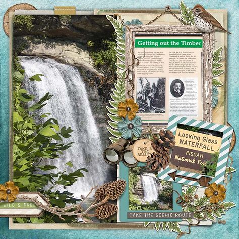 Nature Scrapbook Ideas, Waterfall Scrapbook Layout, Alaska Scrapbook, Niagara Falls Scrapbook Layouts, Waterfall Scrapbook, Photo Waterfall Scrapbook, Hike Scrapbook Page, Nature Scrapbook, Glass Waterfall