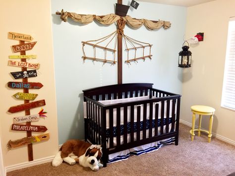 Baby's Neverland Nursery complete with Nana and Tinks lantern. Peter Pan, tink, baby Pirate Ship Bedroom, Peter Pan Bedroom, Pirate Nursery, Neverland Nursery, Baby Boy Room Themes, Peter Pan Nursery, Boys Bedroom Themes, Pirate Ships, Baby Boy Bedroom