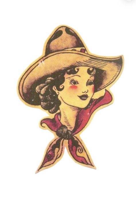 Pinup Art Tattoo, Cowboy Drawing Aesthetic, Vintage Mexican Tattoo, Flapper Tattoo Traditional, Vintage Americana Tattoo, American Trad Cowgirl, Traditional Cowgirl Tattoo Flash, Vintage Tattoo Poster, Western Americana Tattoo