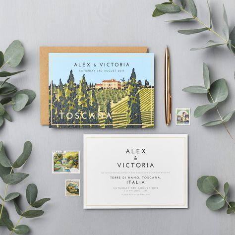 Victoria and Alex Tuscany Terre di Nano save the date - Lucy Says I Do Tuscany Wedding Invitations, Stationery Design Inspiration, Sicilian Wedding, Save The Date Mariage, Venue Illustration, Postcard Wedding Invitation, Italian Theme, Vintage Postcards Travel, Beautiful Villa