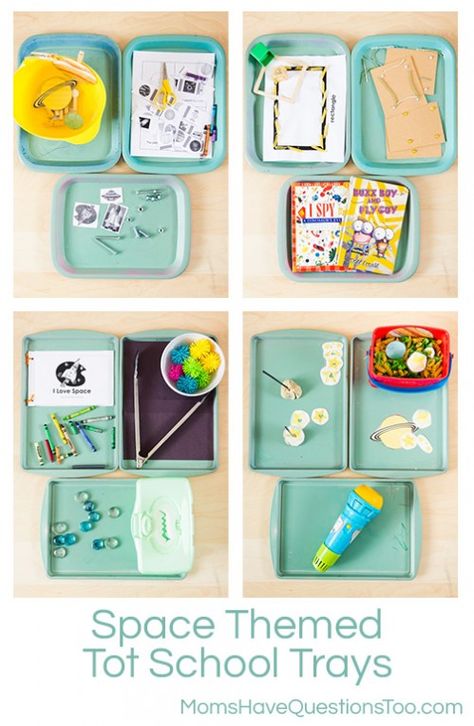 Space Themed Montessori Tot School Trays - Moms Have Questions Too Montessori Space, Outer Space Activities, Tot Trays, Montessori Trays, Space Activities For Kids, Space Unit, Space Activities, Teaching Toddlers, Tot School