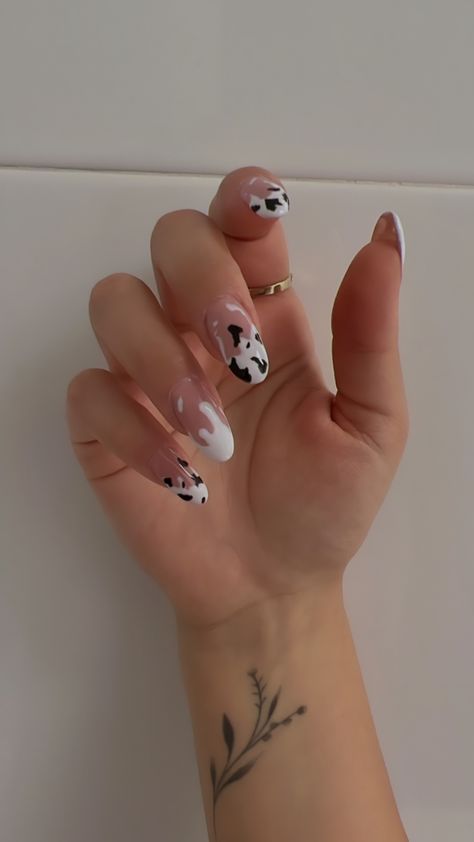 Moo Moo Nails, Almond Nails Pattern, Almond Shape Cow Print Nails, Cow Nails Almond Shape, Cowgirl Gel Nails, Cow Pink Nails, Cowprint Nail Design Almond, Cosmic Cowgirl Nails, Cowboy Nail Designs