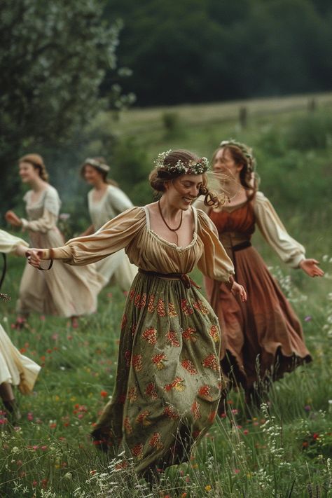 Period Fashion Photography of Medieval Maidens Dancing in Field Medieval Dance Aesthetic, 18th Century Fashion Peasant, Medieval Dancing, Medieval Photoshoot, Peasant Aesthetic, Peasant Core, Traditional French Clothing, Medieval Dance, Dancing In A Field