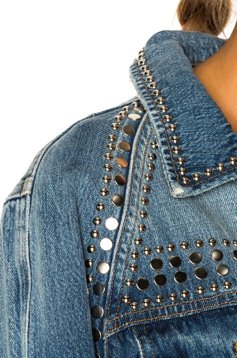 Denim Fall Outerwear With Rivets, Edgy Studded Outerwear, Studded Jacket Denim, Edgy Denim Jacket With Rivets, Gemstone Denim Jacket, Studded Denim, Studded Jacket, Embellished Jeans, Embellished Denim