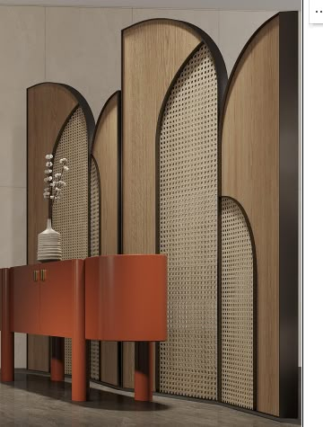 Arched Partition Wall, Wall Treatments Ideas, Wooden Panelling Walls, Arch Partition, Wooden Partition Design, Partition Cabinet, Wooden Partition, Resort Interior Design, Wall Partition Design