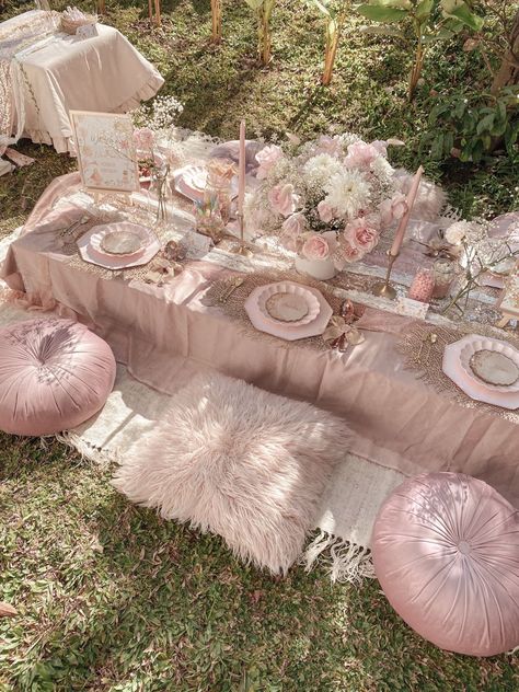 Radiant Garden Party Design Decorations Ideas Enchanted Garden Picnic, Teepee Tent Birthday Decorations, Fairy Garden Picnic Party, Pink Fairy Birthday Party, Tea Party In Garden, Pink Mushroom Decor, Pink Fairy Party, Fairy Aesthetic Birthday Party, Fairy Garden Tea Party Aesthetic