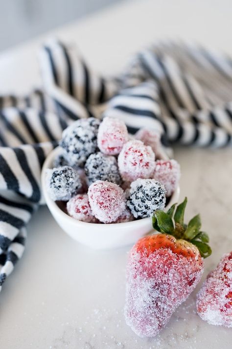 frosted or sugar coated strawberries, raspberries and blackberries Coated Strawberries, Mixed Berry Crisp, Sugared Berries, Live Well Bake Often, Trifle Dessert Recipes, Cinnamon Roll Icing, Cooking With Karli, Berry Crisp, Sugar Frosting