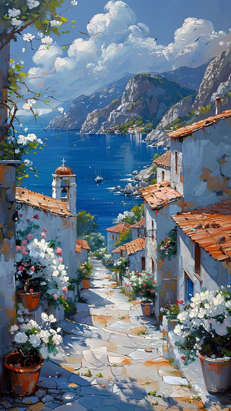 A Greece village with a long street and large panoramiс view - 12 wallpapers from Art section Beautiful Villages Nature, Greece Landscape Painting, Greece Landscape, Sketch Beautiful, Ocean Art Painting, Greece Painting, Fanart Sketch, Drawing Love, Nature Music