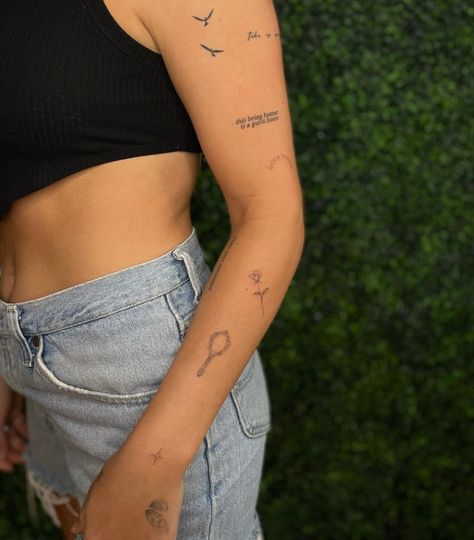 Tiny Tattoo Arm Sleeve, Liberation Tattoo Ideas, Wrist Fine Line Tattoo, Song Inspired Tattoos, Small Tattoo On Arm, Stay Tattoo, Sentence Tattoo, Line Tattoo Arm, Dr Tattoo