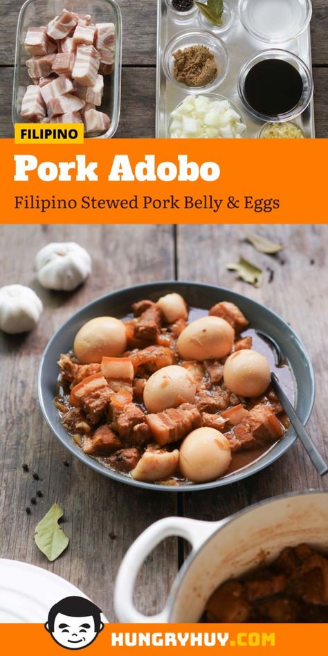 Pork Adobo Recipe (Filipino Stewed Pork Belly w/ Eggs) - Hungry Huy Pork Adobo Recipe Filipino, Adobo Recipe Filipino, Chicken Adobo Filipino, Filipino Pork Adobo, Adobo Filipino, Pork Adobo Recipe, Best Fried Chicken Recipe, Vinegar Chips, Soy Sauce Marinade