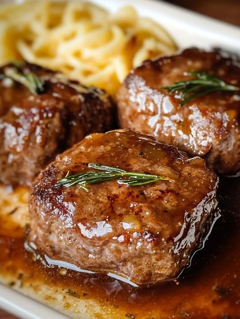 Amish Poor Man’s Steak Recipe Meat Cakes Ground Beef, Amish Country Poor Man’s Hamburger Steaks, Salisbury Steak Recipe Ground Beef, Food Men Love, Poor Man's Stew Ground Beef, Amish Ground Beef Recipes, Ground Beef Steak Recipes, Ground Steak Recipes, Amish Hamburger Steak