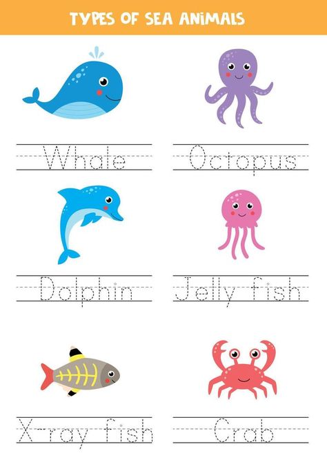 Tracing names of sea animal types. Writing practice. Tracing Names, Writing Types, Animal Types, Free Printable Paper Dolls, Name Tracing, Sorting Games, Kids English, English Teaching, Paper Dolls Printable