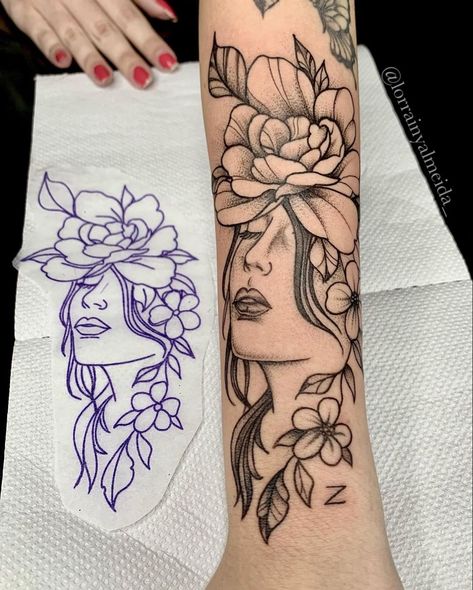 Face And Flowers Tattoo, Flower Head Tattoo, Like Tattoos, Arm Sleeve Tattoos For Women, Lily Flower Tattoos, Cuff Tattoo, Wrist Tattoo Ideas, Self Love Tattoo, Floral Tattoo Sleeve