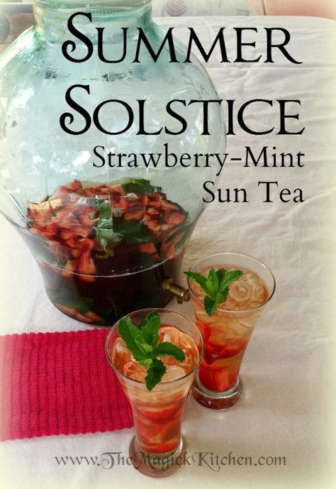 Summer Solstice Strawberry Mint Sun Tea TheMagickKitchen 800×1164 – Witchcraft & Pagan Lifestyle Blog, The Magick Kitchen Mint Sun Tea, Sun Tea Recipe, Sun Tea Recipes, Summer Solstice Party, Pagan Lifestyle, Solstice Party, Kitchen Witch Recipes, Solstice Celebration, Sun Tea