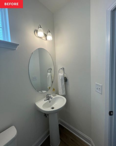 A sleek pedestal sink was a timeless fixture that could suit a lot of different styles. Credit: <a href="https://www.instagram.com/malissa_doesitall/">@malissa_doesitall</a> Bathroom Mirrors Over Pedestal Sinks, Sea Salt Powder Room, Mirror For Pedestal Sink, Wallpaper Behind Mirror In Bathroom, Mirror Over Pedestal Sink, Half Bath With Pedestal Sink, Powder Room Ideas Pedestal Sink, Bathroom With Chrome Fixtures, Bathroom Chrome Fixtures