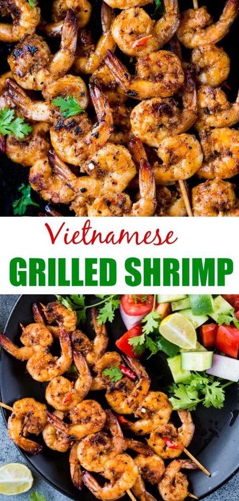 Vietnamese Grilled Shrimps are Shrimps marinated in lemongrass, fish sauce, spices and grilled till golden brown. Refreshing lemon flavour, pungent fish sauce and aromatic spices make grilled shrimps so delicious. #shrimp #grilling #barbecue # Grilled Shrimp Marinade, Best Grilled Shrimp Recipe, Easy Grilled Shrimp Recipes, Marinated Grilled Shrimp, Spicy Grilled Shrimp, Avocado Ranch Dressing, Grilled Shrimp Skewers, Chili Dip, Bbq Pork Ribs