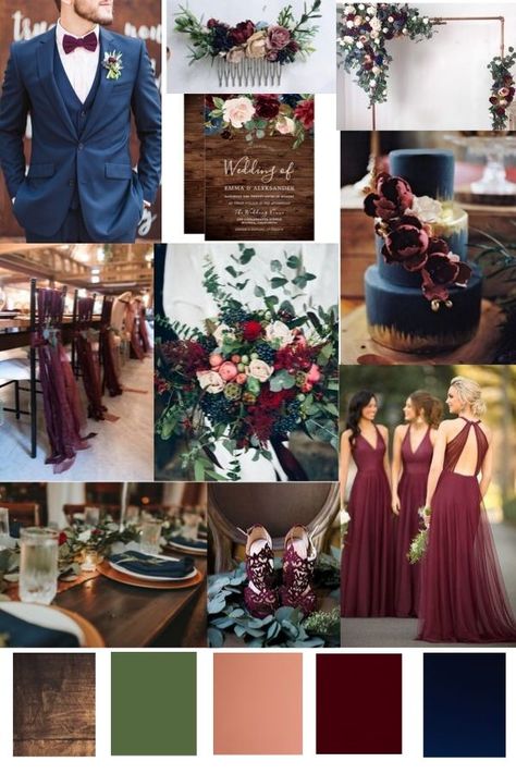 Navy And Burgundy Moody Wedding, Navy And Burgundy Spring Wedding, Maroon Color Combinations Wedding, Navy And Wine Fall Wedding, Wedding Color Palette Maroon, Fall 2023 Bridesmaid Dresses, Bridesmaids Wearing Different Colors, Gem Color Wedding, Burgundy Spring Wedding Color Schemes