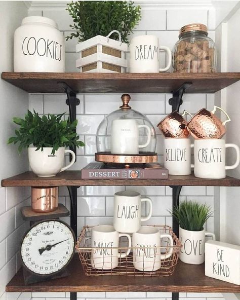 A Farmhouse Shelf Décor effectively use the space available at home and add functionality to it. It brings in more pleasant feeling and welcome décor to everyone at home. Kitchen Shelf Decor Farmhouse Style, Küchen In U Form, Farmhouse Shelves Decor, Farmhouse Kitchen Inspiration, Farmhouse Shelf, Kitchen Shelf Decor, Deco Champetre, Farmhouse Shelves, Coffee Bar Home