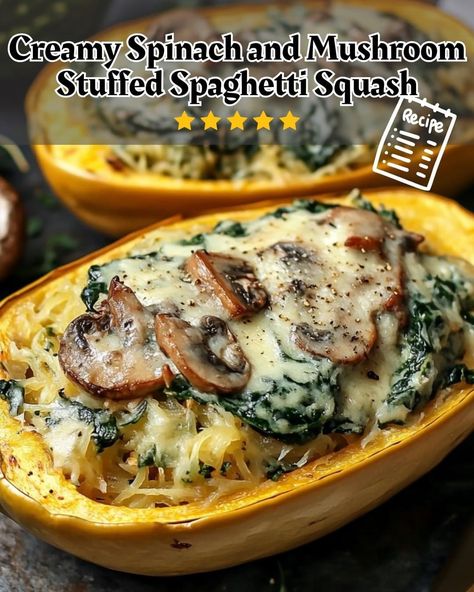 Creamy Spinach and Mushroom Stuffed Spaghetti Squash 🍄🌿 Creamy Spinach And Mushroom Stuffed Spaghetti Squash, Healthy Squash Recipes, Spaghetti Squash Recipes Healthy, Spaghetti Squash Recipes Easy, Stuffed Spaghetti Squash, Spinach And Mushrooms, Mushroom Stuffed, Spinach And Mushroom, Stuffed Squash