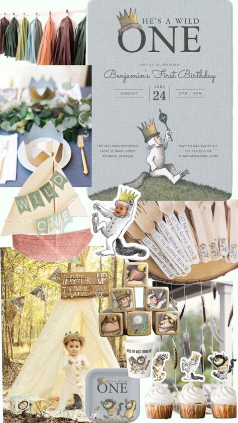 An inspiration board for a where the wild things are first birthday party for baby boy. The colors are light, dusty blue, muted greens and yellows. The details are shown such as an invitation, plate, cup, silverware, cake toppers, decorative garland and an outfit for baby like Max’s in the book. Wild Things Are Birthday Party, Wild Things Party, Baby First Birthday Themes, Baby's First Birthday, One Year Birthday, Wild One Birthday Party, First Birthday Party Themes, First Birthday Themes, Baby 1st Birthday