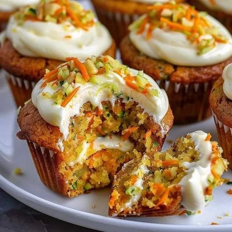 Carrot Apple Zucchini Muffins Recipe with Frosting Apple Zucchini Muffins, Muffins With Cream Cheese Frosting, Apple Zucchini, Carrot Zucchini Muffins, Muffins With Cream Cheese, Zucchini Muffin Recipes, Carrot Muffins, Apple Muffins, Cream Cheese Frosting Recipe