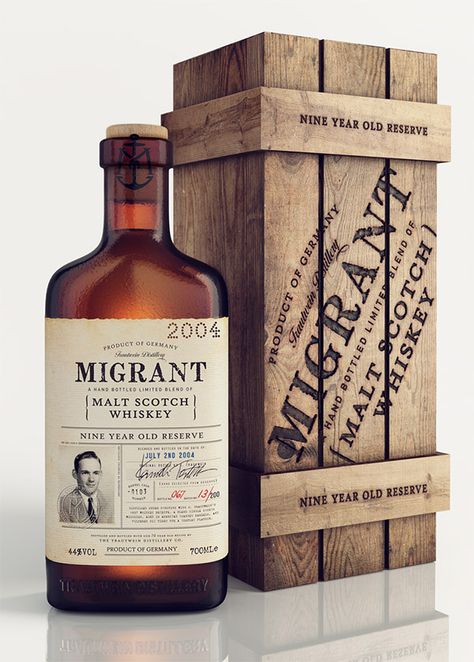 Migrant Whiskey by Chad Michael Studio Whiskey Packaging, Typography Packaging, Beer Bottle Labels, Alcohol Packaging, Whisky Bottle, Unique Packaging, Scotch Whiskey, Packaging Labels Design, Beverage Packaging