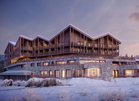 Ski Resort Hotel, Mountain Hotel Architecture, Hotel In Mountain, Ski Resort Architecture, Mountain Resort Architecture, Chalet Exterior, French Chalet, Ski Hotel, Mountain Architecture