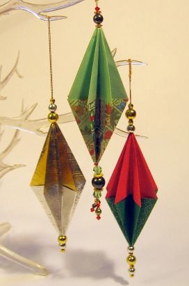 Free instructions for making an easy beaded origami ornament. Origami Ornaments, Origami And Kirigami, Paper Christmas Ornaments, Christmas Origami, Ornament Tutorial, Paper Ornaments, Origami Easy, Noel Christmas, Origami Crafts