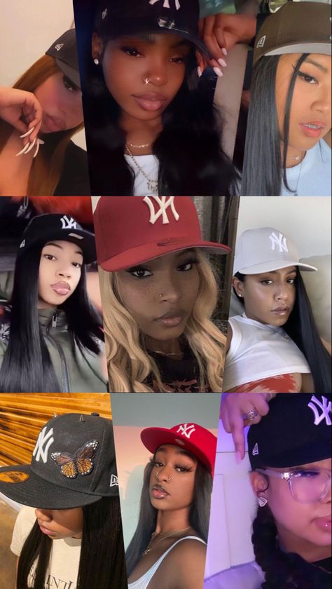 Female Fitted Hat Outfit, Bon Dutch Hat Outfit, Baseball Cap With Braids Black Women, Face Cap Outfit For Women, Face Cap Outfit, Girls In Fitted Hats, New Era Hat Outfit Women, Outfits With Hats Black Women, Fitted Caps Aesthetic