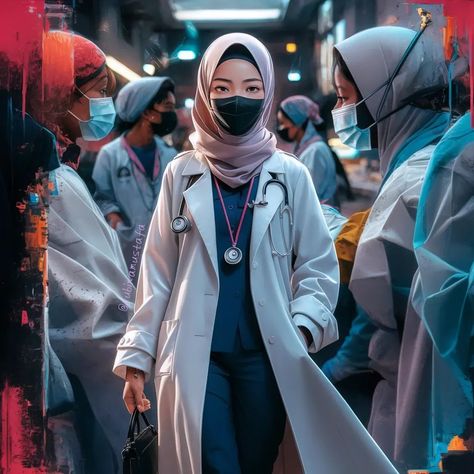 🛋️ Prompt 🔹A stunning 3D anime-style illustration of a confident female Hijabi doctor, with her long brown hair flowing like a celebrity's. She dons a black mask, a long white coat with full sleeves, and her stethoscope is draped around her neck. Surrounded by a bustling emergency room, she exudes professionalism and warmth as she smiles at her patient. The background is filled with vibrant colors and graffiti, reflecting the urgency and importance of her role as a healthcare provider. The ov... Hijabi Nurse, Hijabi Doctor, Anime Elements, Long White Coat, Hair Flowing, Emergency Doctor, Surgery Doctor, Respiratory Therapy, Beautiful Ocean Pictures