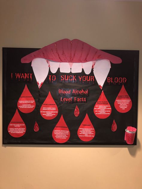 Bulletin Board that reads “I want to suck your blood” with vampire fangs. Underneath it reads “blood alcohol level facts” each blood drop has information on it. Vampire Bulletin Board, Alcohol Ra Bulletin Boards, Ra Halloween Programs, Phlebotomy Door Decorations, October Ra Bulletin Board Ideas, Halloween Bulletin Board Ideas For Work, Ra Alcohol Bulletin Boards, Halloween Ra Board Ideas, Halloween Bulletin Boards For College